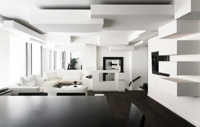 Interior white loft house modern interiors sofa inside space tamizo architects living walls minimalist blank shaped decoration monochrome shape huge